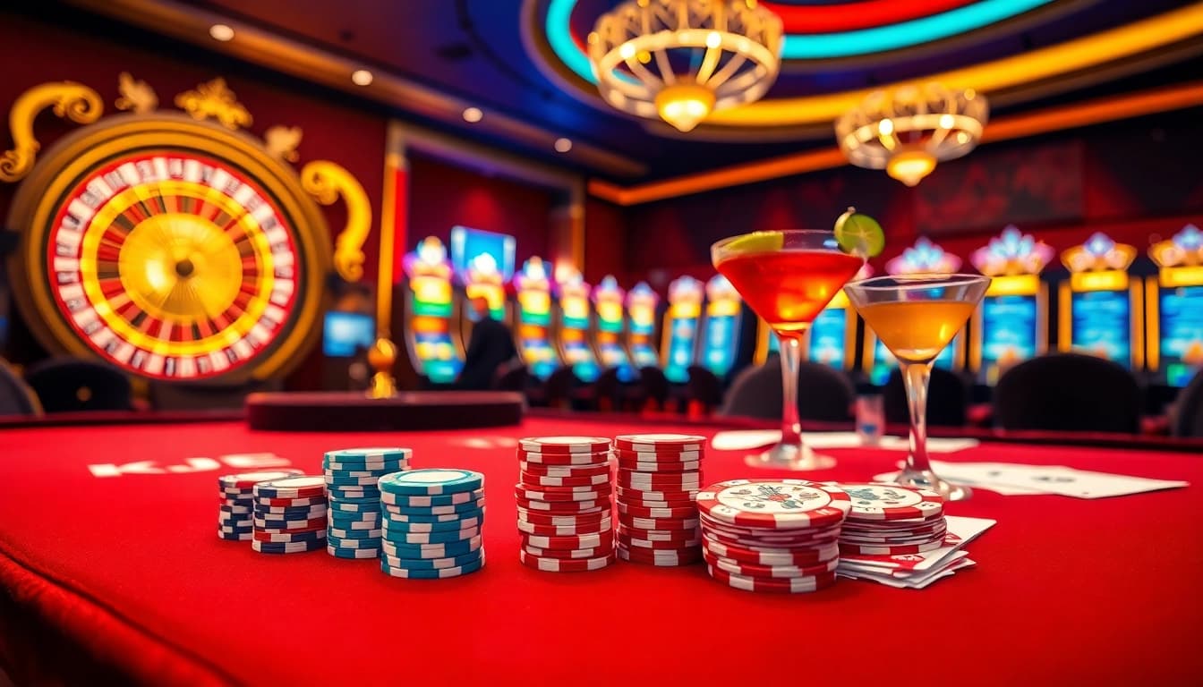 KJC poker chips and playing cards on a luxury casino table amidst a thrilling gaming atmosphere.