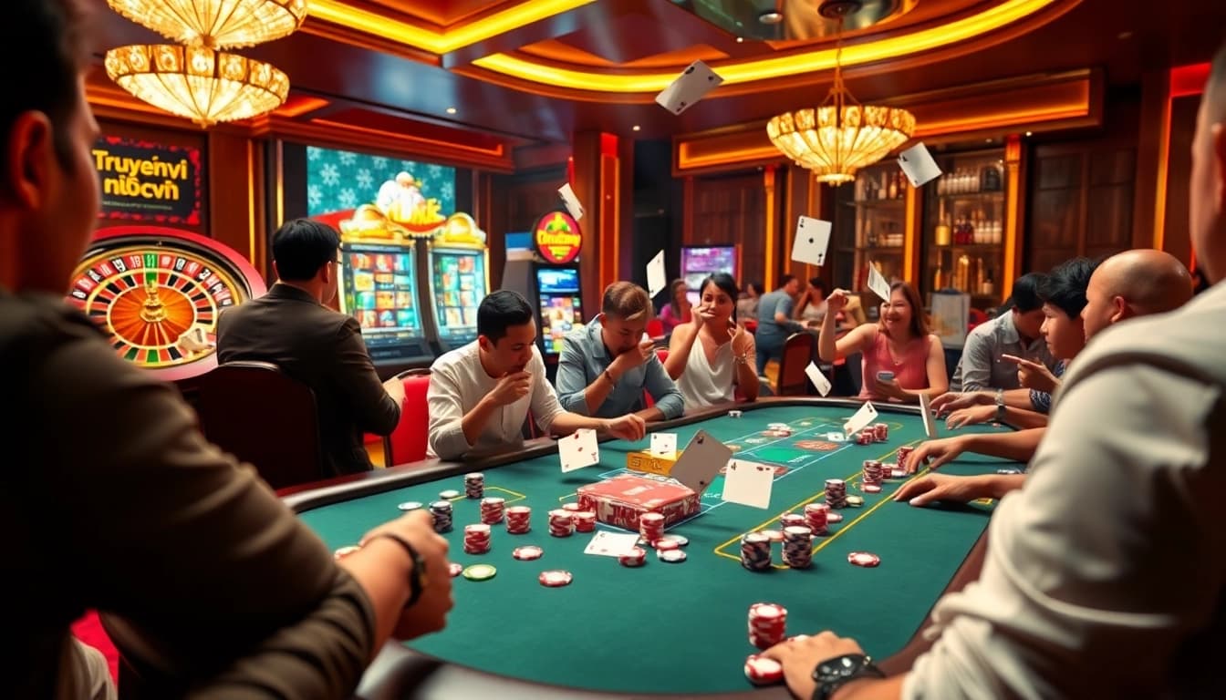 Engage in thrilling gameplay at a luxurious casino featuring truyenvn integrated elements, vibrant poker tables, and flashing slot machines.
