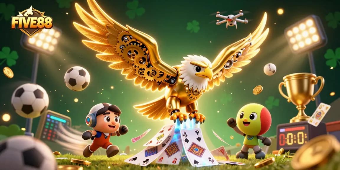 Engage in dynamic gaming with FIVE88 featuring a cybernetic eagle among flying sports elements.