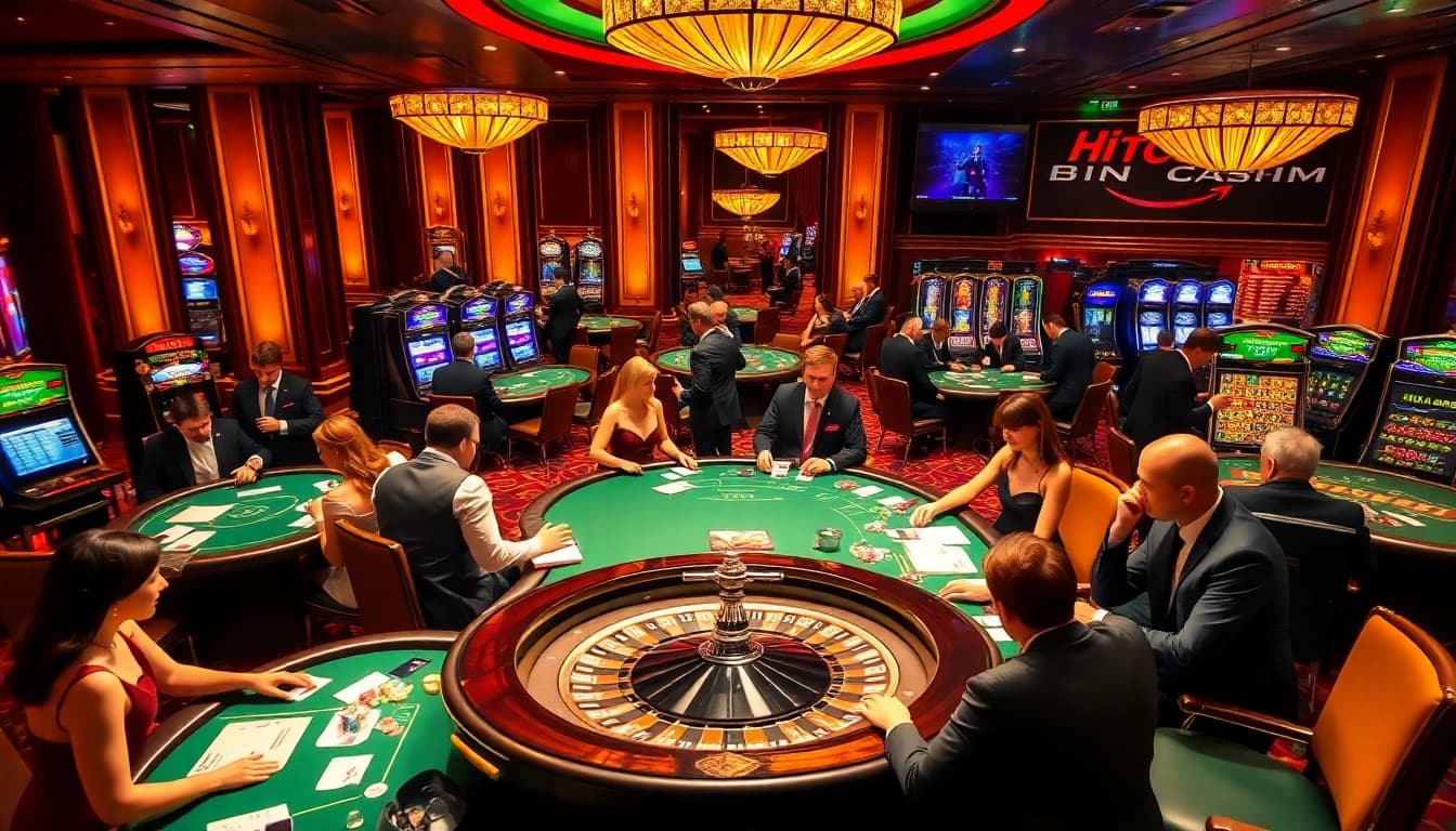 Gamblers enjoying high-stakes action at Hitclub bin casino, showcasing poker and roulette excitement.