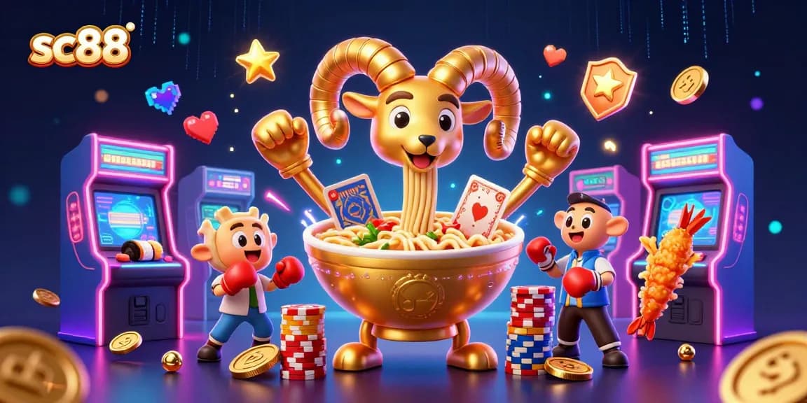 Engage with the lively sc88 casino environment featuring a unique golden ramen bowl and vibrant game elements.