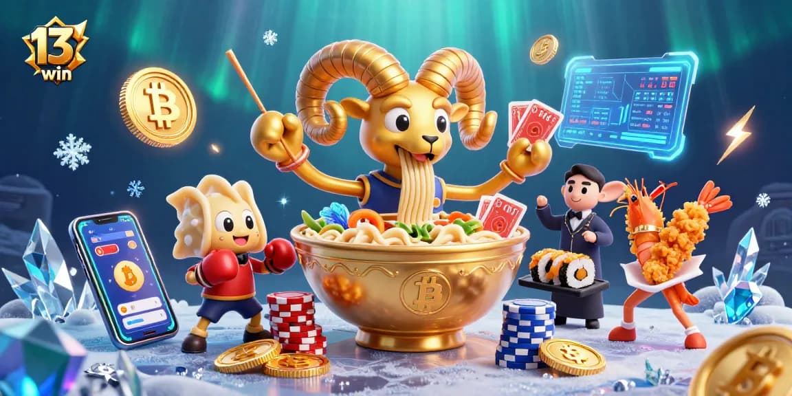 Engage in thrilling gaming experiences at 13win with vibrant casino characters and dynamic cryptocurrency elements.