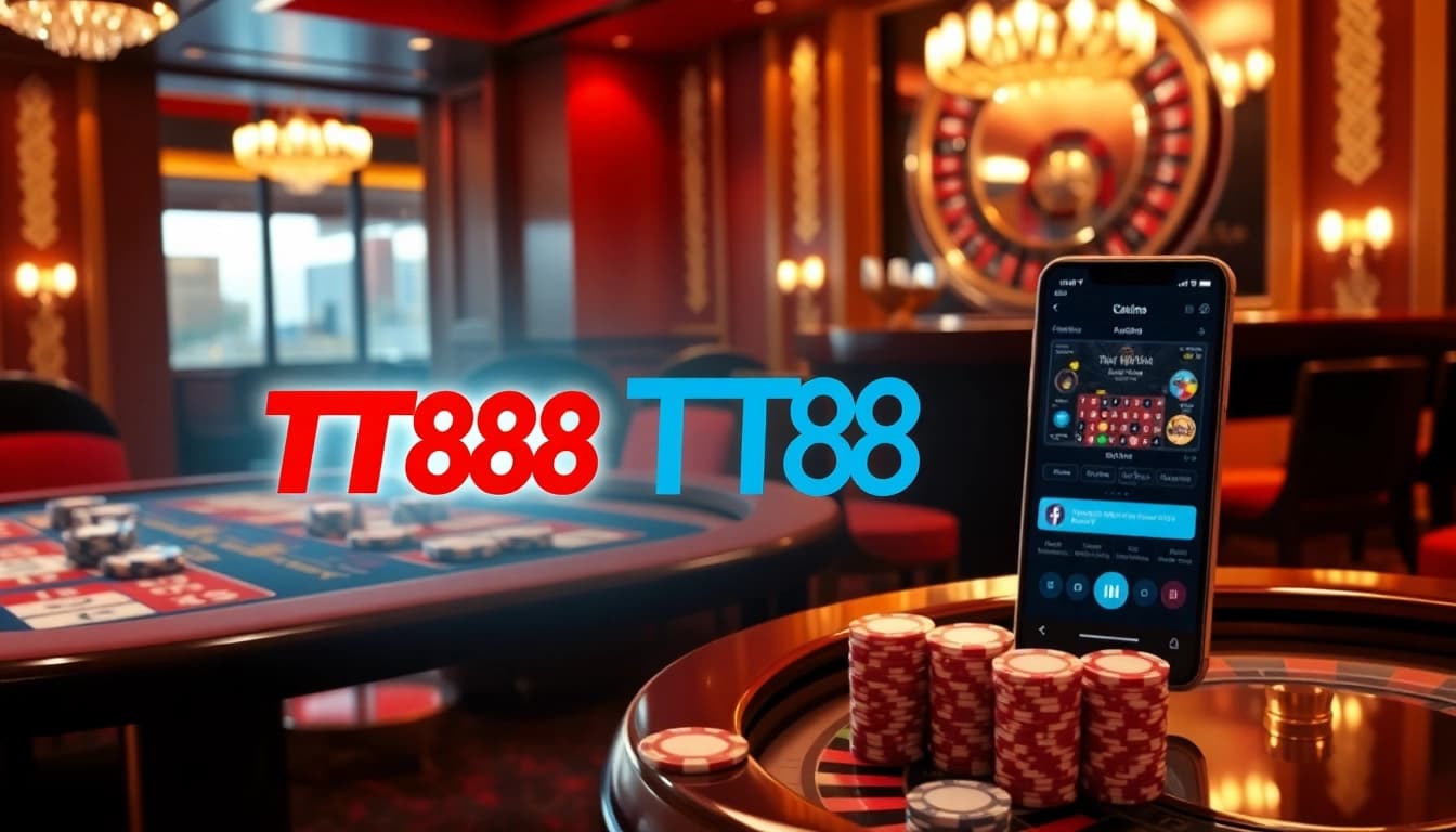 TT88 logo displayed in a luxurious casino scene with poker chips and online betting visuals.