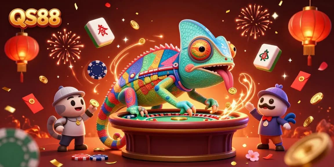 Win big at QS88 with an engaging chameleon casino owner among colorful gaming elements.