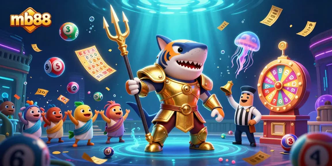 Join the excitement at mb88 with dynamic lottery balls and a fierce shark gladiator in a vibrant underwater arena.