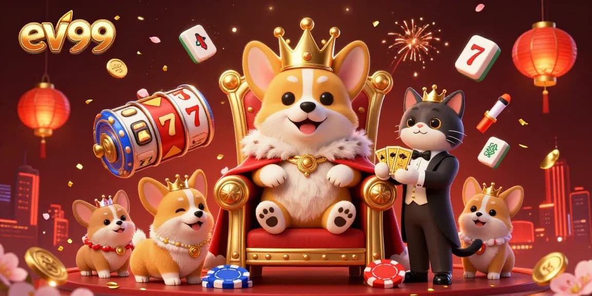 Experience the excitement of ev99 with a royal corgi, golden card deck, and vibrant slot reels.