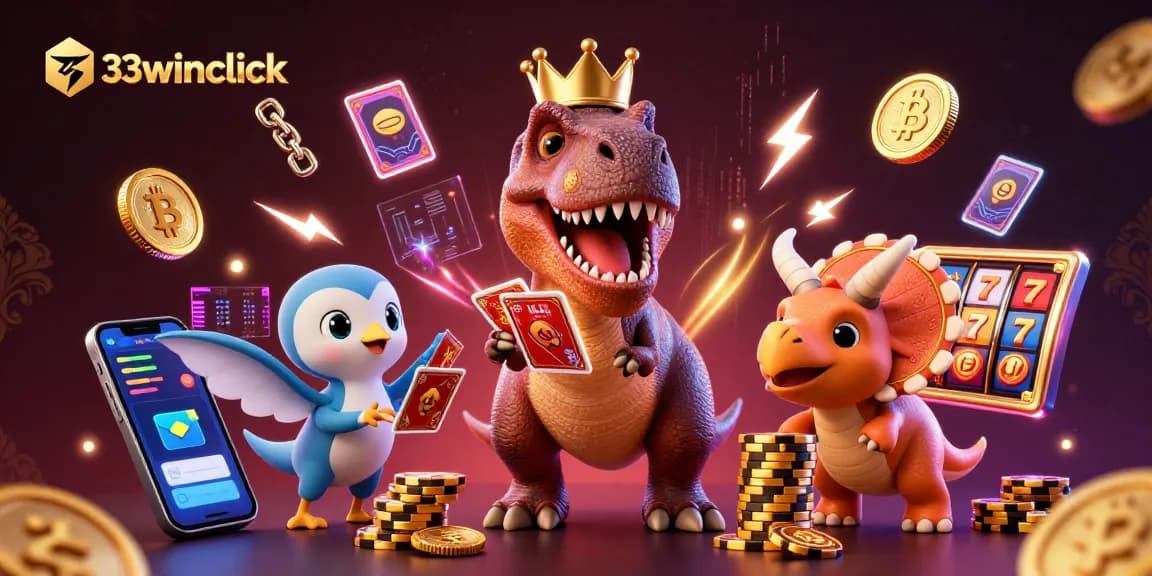 Engage with the thrilling essence of 33winclick featuring cartoon dinosaurs playing cards with casino elements.