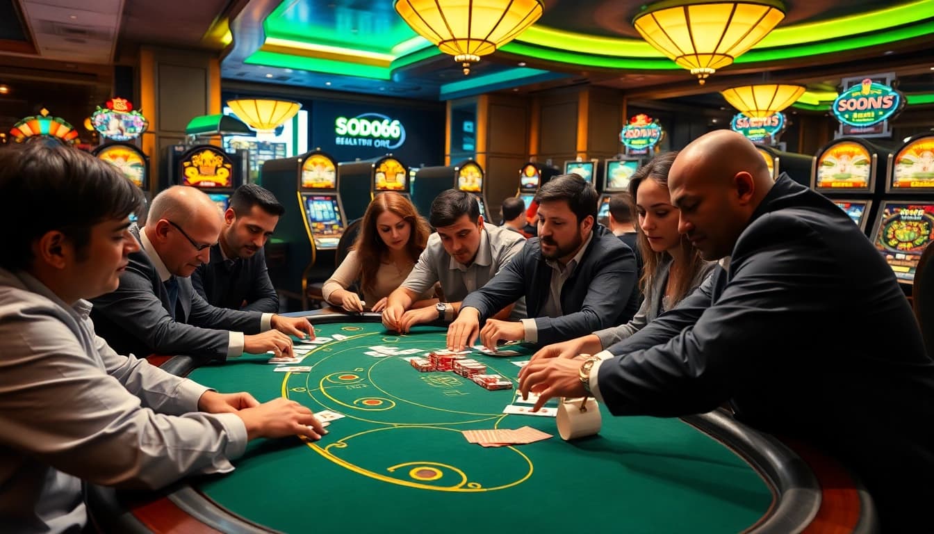 Players engaging at a SODO66 casino table, embodying excitement in a lively gambling setting.