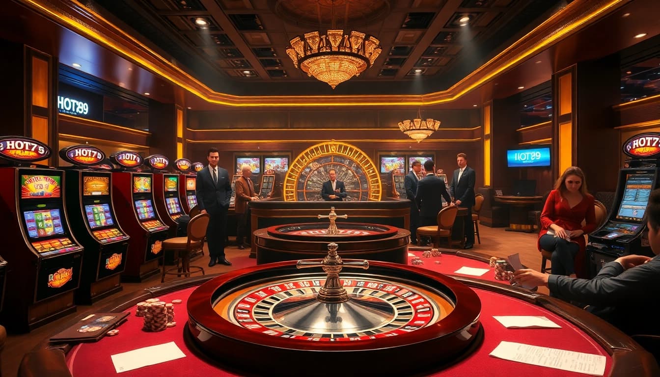 Gamblers enjoying a thrilling experience at HOT789 casino with poker tables and roulette wheels.