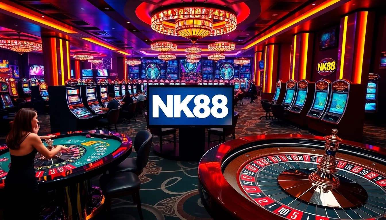 Gambling excitement at NK88 casino with vibrant tables and professional players.
