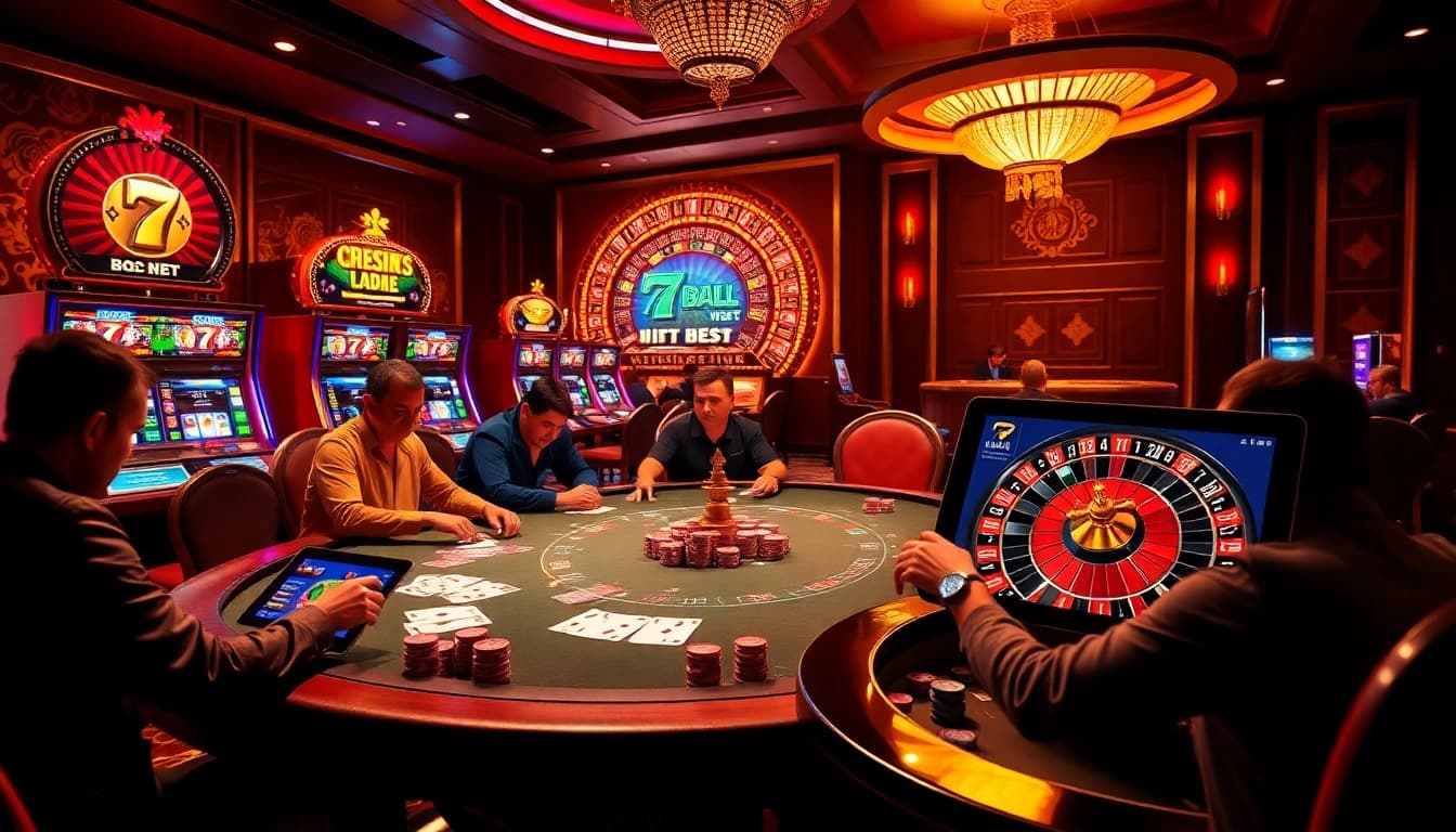Gamblers engaging with the thrilling 77ball net poker game showcasing chips and cards in a vibrant casino atmosphere.