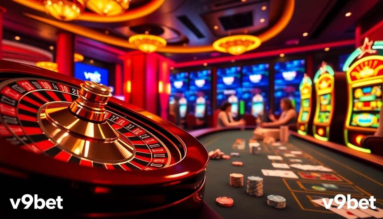 Experience the thrill of v9bet with vibrant casino action showcasing roulette and slot games.