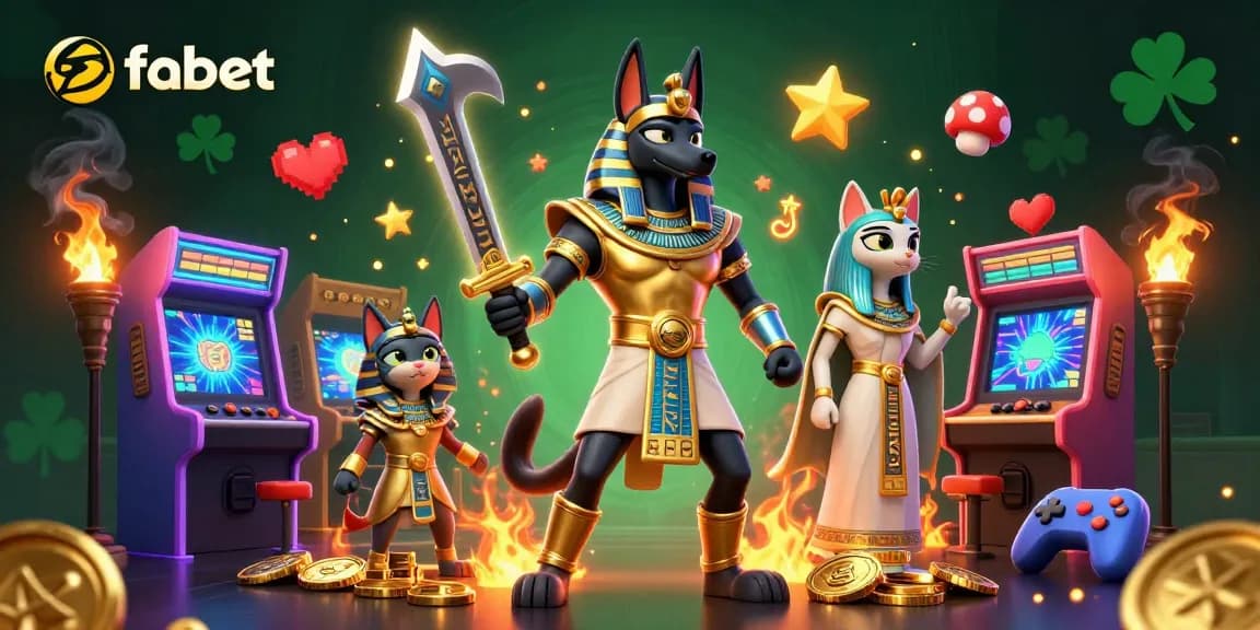 Experience vibrant gaming thrills with fabet in this dynamic 3D casino scene featuring Anubis and Bastet.
