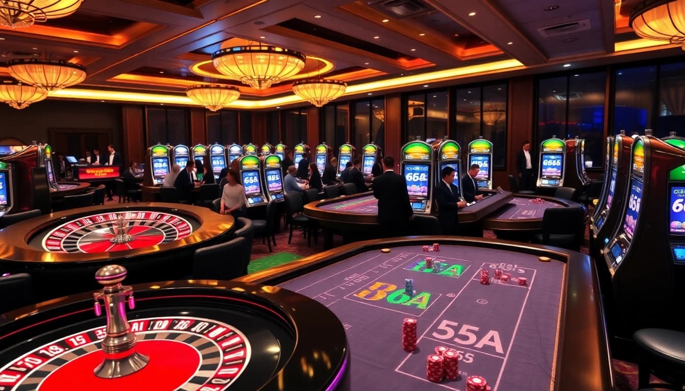 A player enjoys a thrilling moment at 65A's elegant casino table with vibrant chips and cards.