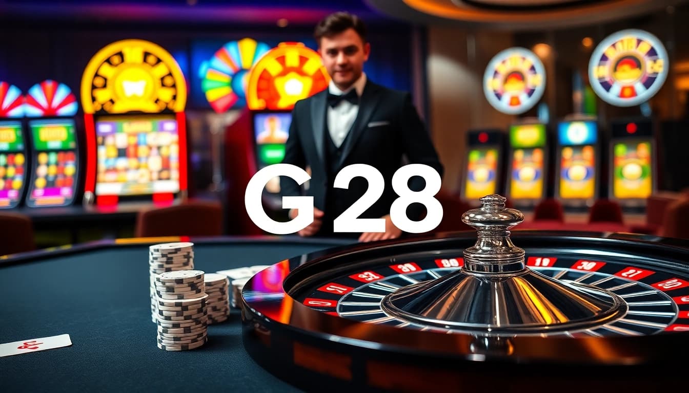 Experience thrilling games at G28 with a lively casino backdrop featuring poker and roulette.