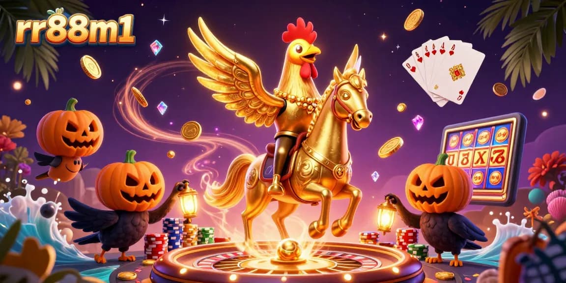 Experience the excitement of rr88m1 with a vibrant casino scene featuring golden rooster characters and dynamic gaming elements.