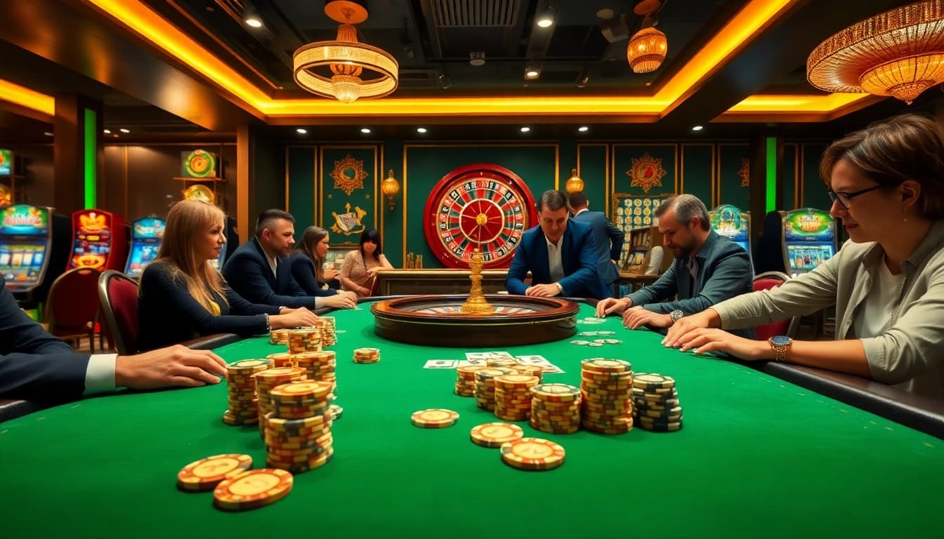 Thrilling casino experience at lc88 with poker tables, roulette wheel, and vibrant atmosphere.