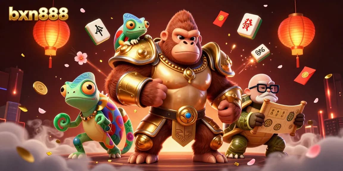 Engage in thrilling gaming at bxn888, featuring a powerful gorilla king and vibrant casino elements.