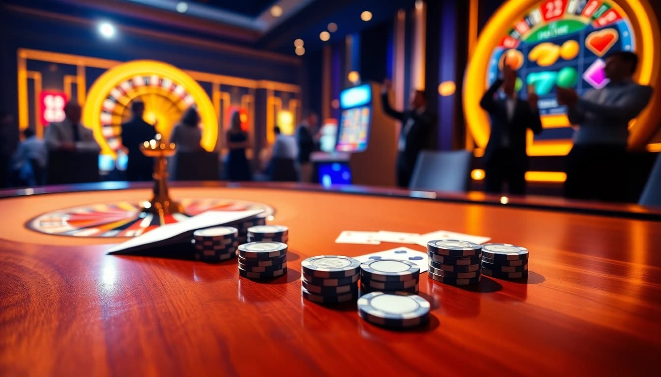 Experience the excitement of winning big at https://pu88.gr.com/ with a vibrant casino scene featuring poker chips and roulette.