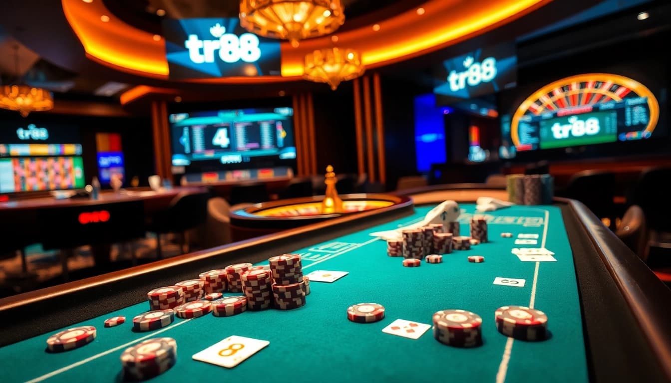 Engaging tr88 gaming table showcasing poker chips and cards amidst a luxurious casino atmosphere.