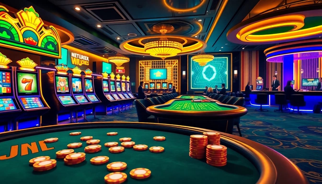 Dynamic gaming action at OKKING COM casino, showcasing immersive tables and vibrant slot machines.