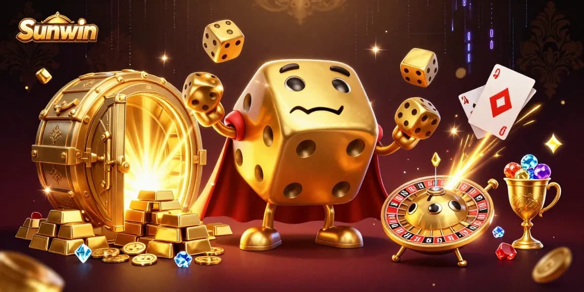 Experience thrilling gaming adventures with the golden dice golem character in Sunwin's vibrant casino scene.