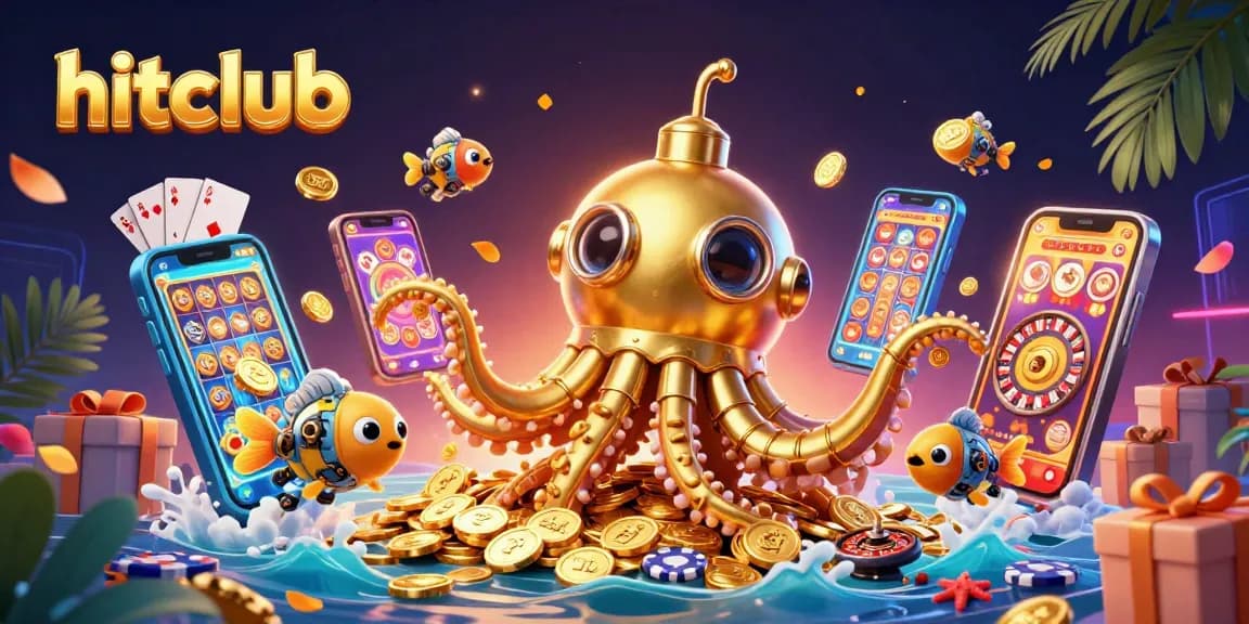 Play exciting games at hitclub with a vibrant 3D scene featuring a golden kraken and slot elements.