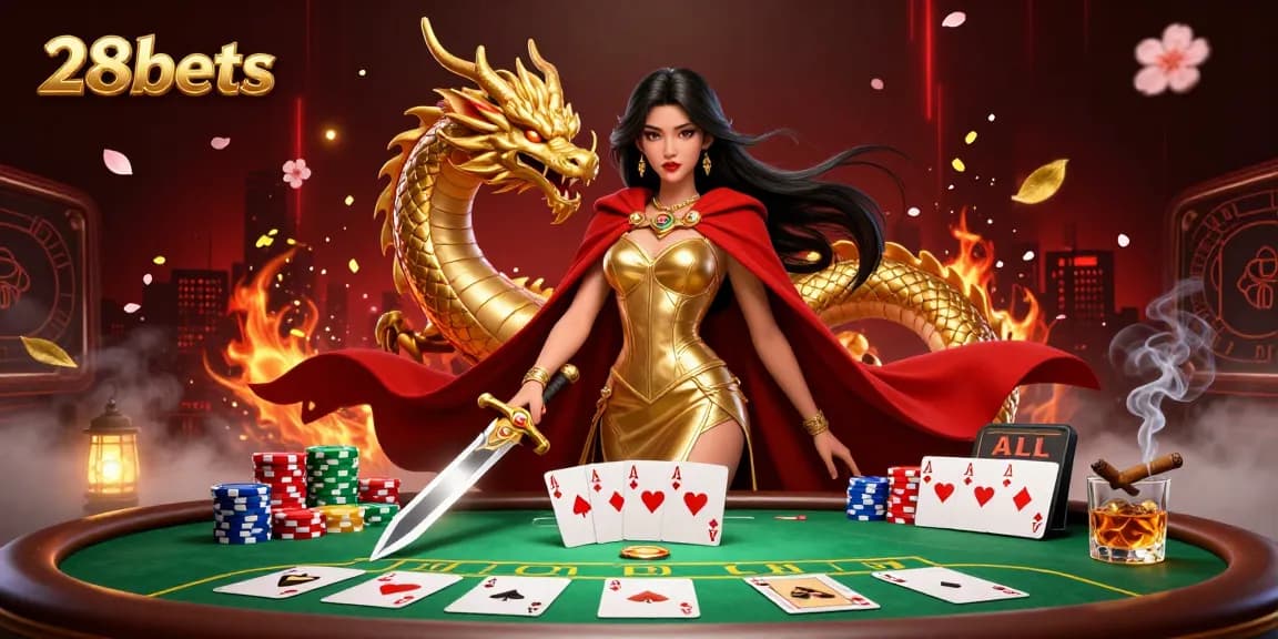 Engage with 28bets in a vibrant casino scene featuring a warrior queen and golden dragon.