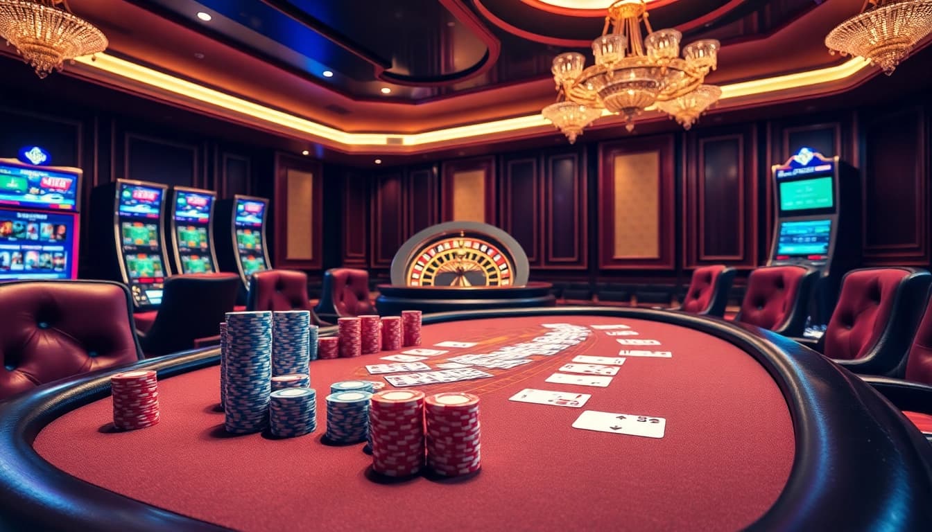 Gambling scene showcasing TV88 with poker table, exquisite decor, and exciting slot machines.