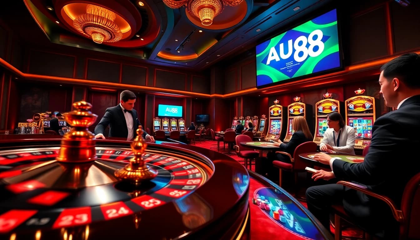 Players enjoying a thrilling game at AU88 casino, featuring poker chips and a spinning roulette wheel.