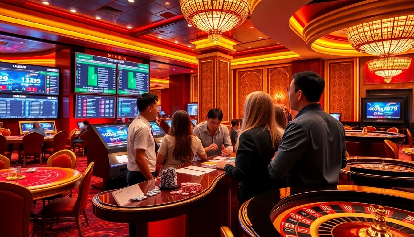 Excited gamblers engaging in Thể thao 69VN sports betting, analyzing odds in a luxurious casino.