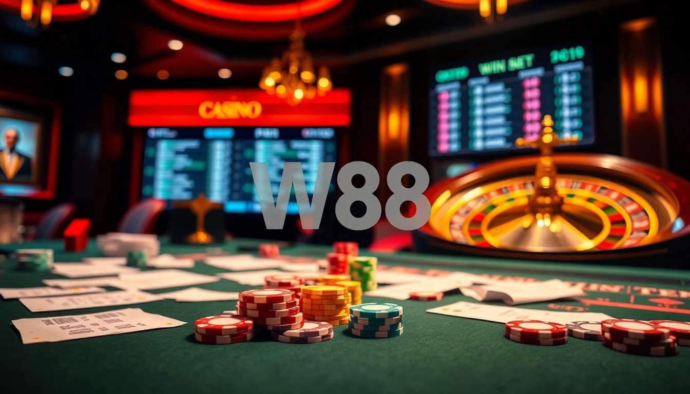 W88 casino experience with vibrant poker chips and a spinning roulette wheel in a luxurious setting.