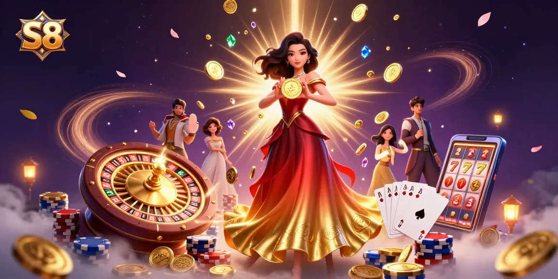 S8 presents a glamorous Asian woman in a red-gold gown holding a golden coin amidst vibrant casino elements