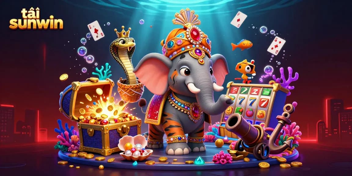 Experience the exciting world of tải sunwin with a vibrant 3D illustration showcasing a tiger maharaja, jewel-encrusted elements, and casino treasures.