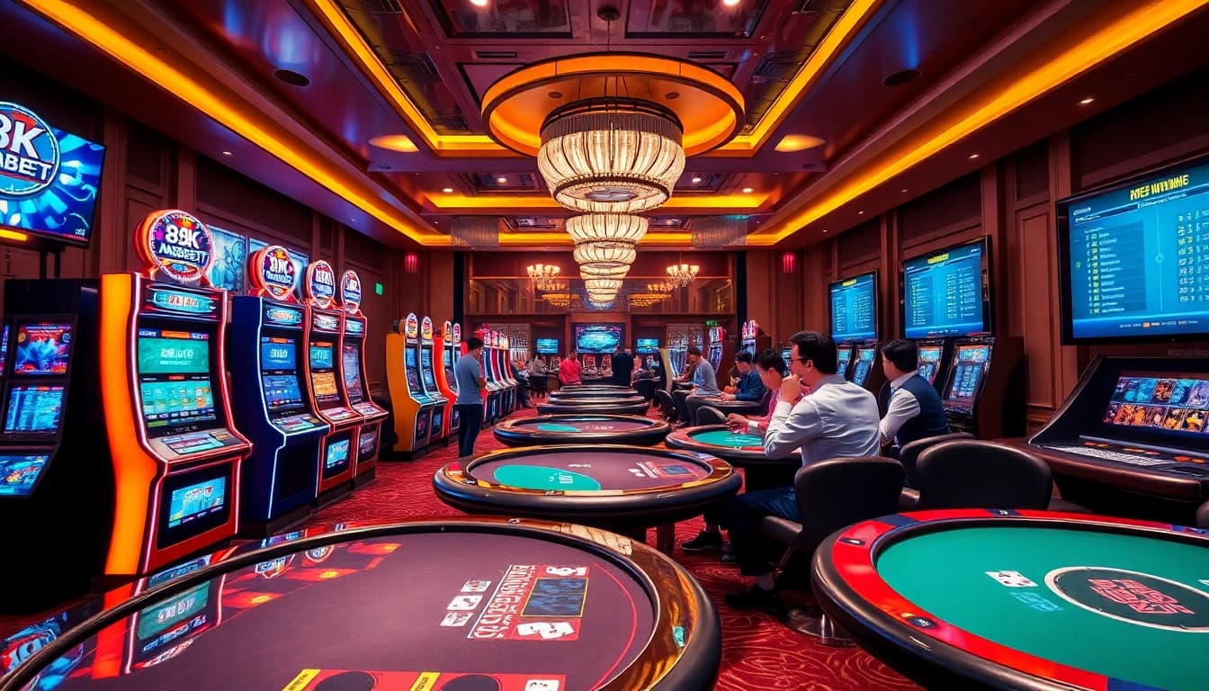 Experience the luxury of 8kbet as players enjoy vibrant slot machines and poker tables in a thrilling casino atmosphere.