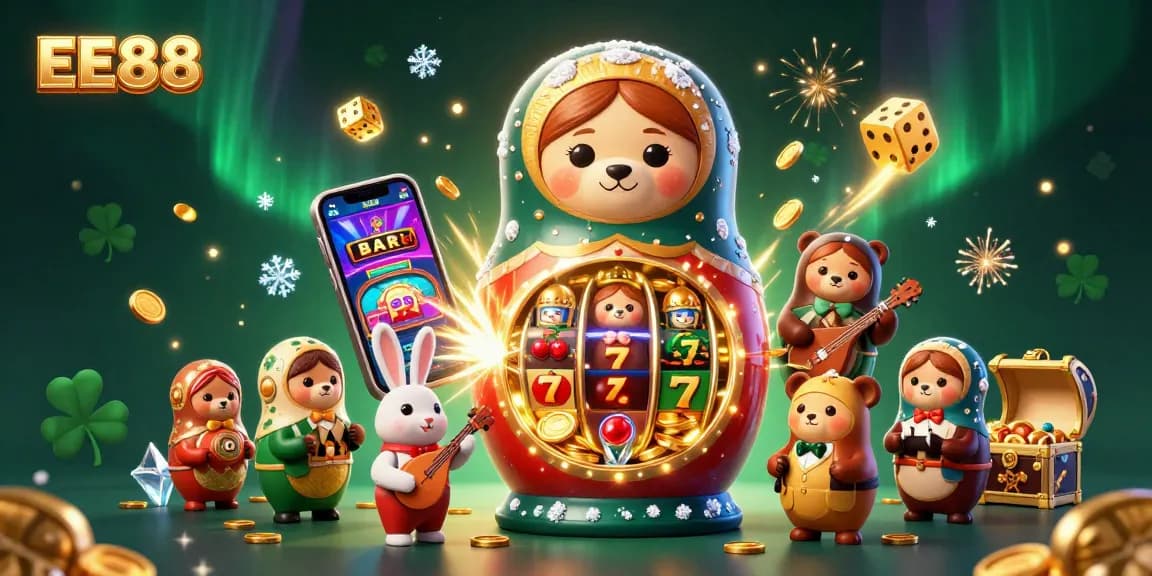 Experience thrilling casino action with EE88 featuring bears in dealer outfits, slot machines, and vibrant game elements.
