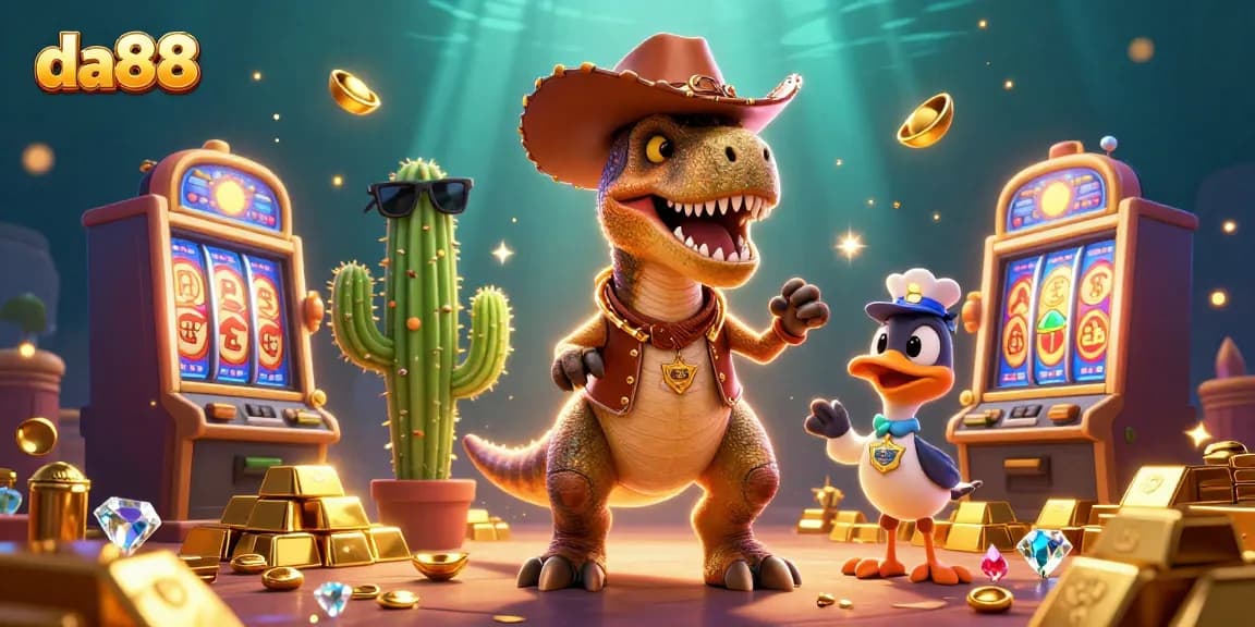 Experience da88 with vibrant cartoon characters and dynamic slot machines in a lively casino setting.