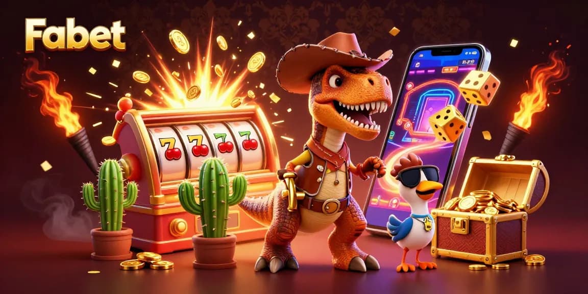 Fabet's cowboy dinosaur celebrates a jackpot with colorful slots, coins, and casino games.