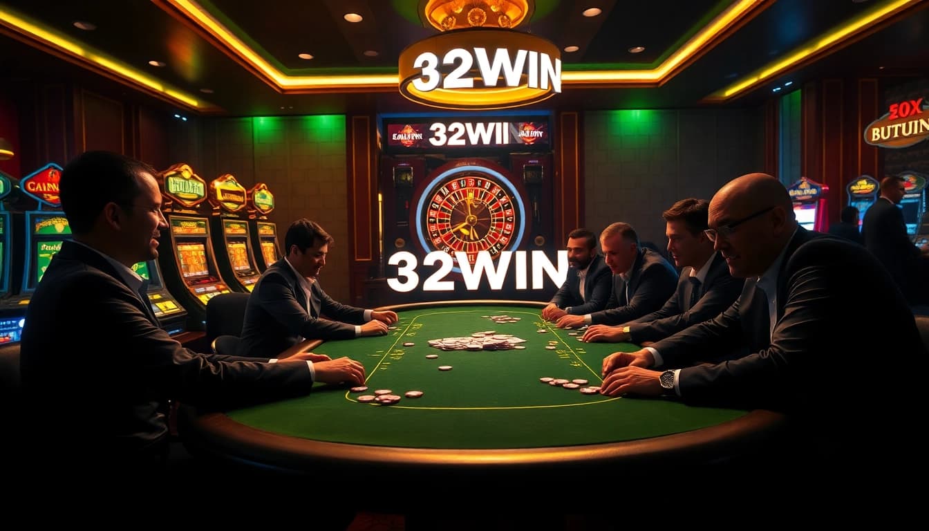 Players enjoying a thrilling game at 32WIN casino table with vibrant slot machines.
