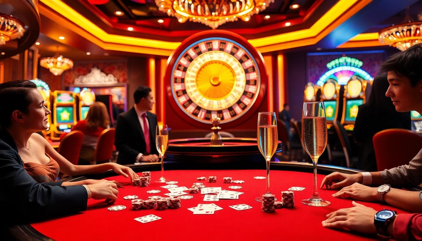 Experience the thrill of a luxurious poker game at f168 with vibrant chips and elegant players.