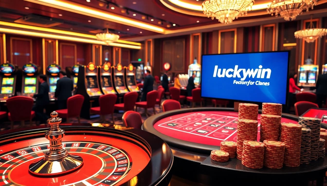 Luckywin casino scene with players enjoying roulette, poker, and slot machines.