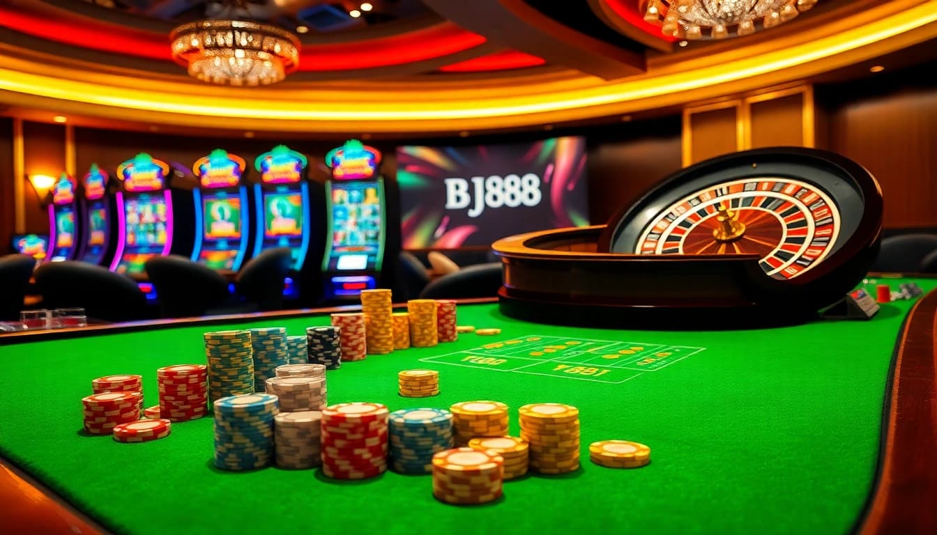 Experience thrilling gameplay at BJ88 with vibrant casino tables and exciting slot machines.