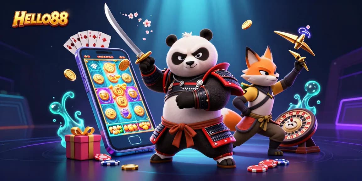 Experience thrilling gaming action at HELLO88 with samurai panda and ninja fox amidst vibrant slot games.