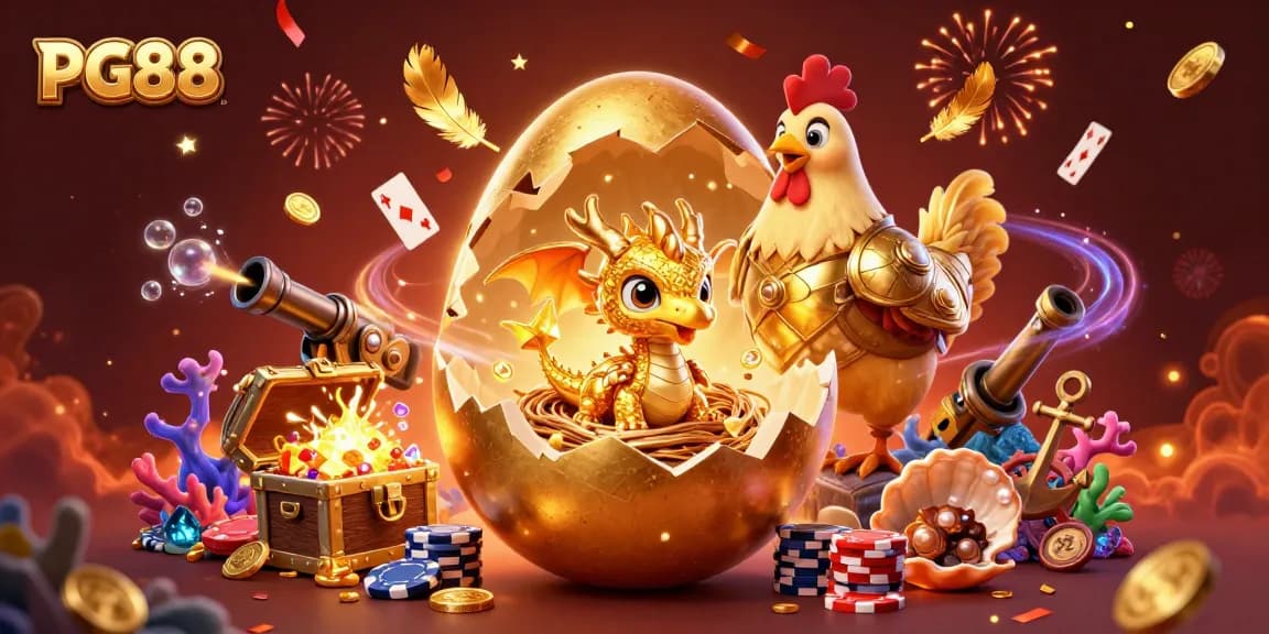 Experience PG88's thrilling online casino adventure with golden dragon, poker chips, and festive elements.