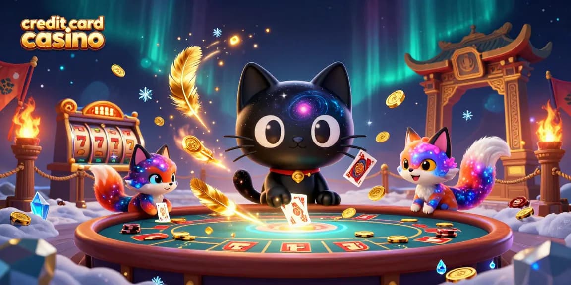 Experience the thrill at a credit card casino with vibrant characters, slot reels, and cosmic elements.