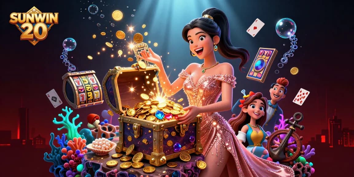SUNWIN 20 showcases an exciting treasure chest overflowing with golden coins and gems while celebrating jackpot thrills.