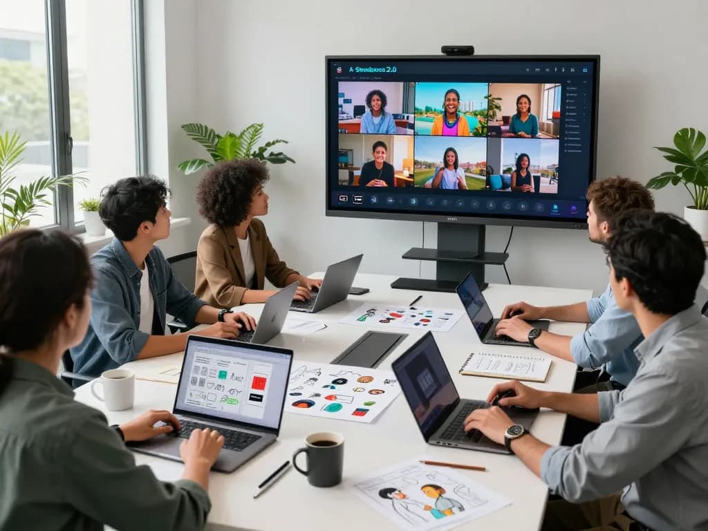 Seedance 2.0 showcased in a modern office, creators collaborating on AI-generated video production.