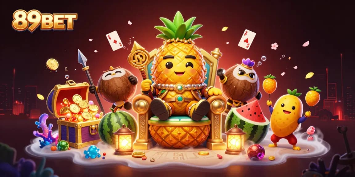 Engage in thrilling gameplay with 89BET, featuring a vibrant golden pineapple king and dynamic casino elements.
