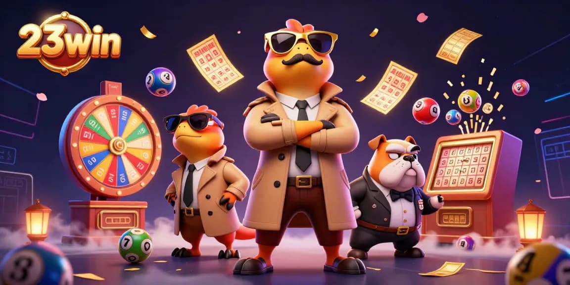 Engage with 23win's colorful casino experience featuring raptors and lottery excitement.