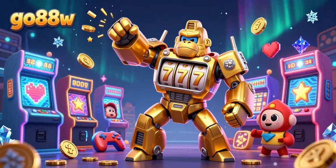 Exciting go88w gaming scene featuring a golden gorilla mech and colorful slot machines.